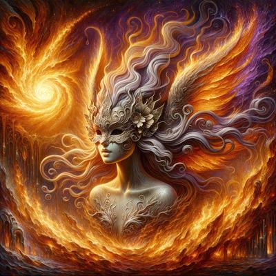 The primary subject of the image is a woman with a mask on her face. She is surrounded by a vibrant and colorful environment, which includes a fire and a purple background. The visual style of the image is digital art, and the dominant colors are orange and purple. The overall atmosphere of the image is lively and captivating.